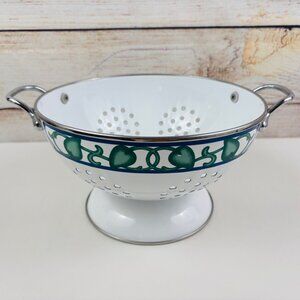 Vintage Enamel Colander Strainer Pedestal White Blue Green Leaf Accents